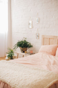 Einrichtung Ferienwohnung, Nachhaltigkeitssiegel, Bett mit Pflanze daneben